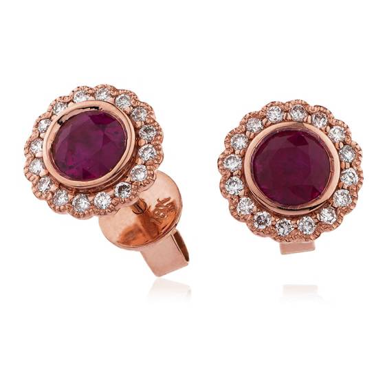 Round Ruby and Diamond Cluster Earrings