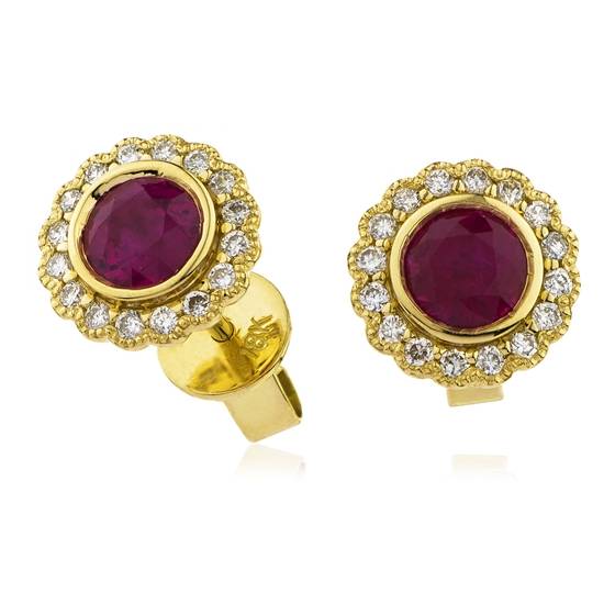 Round Ruby and Diamond Cluster Earrings