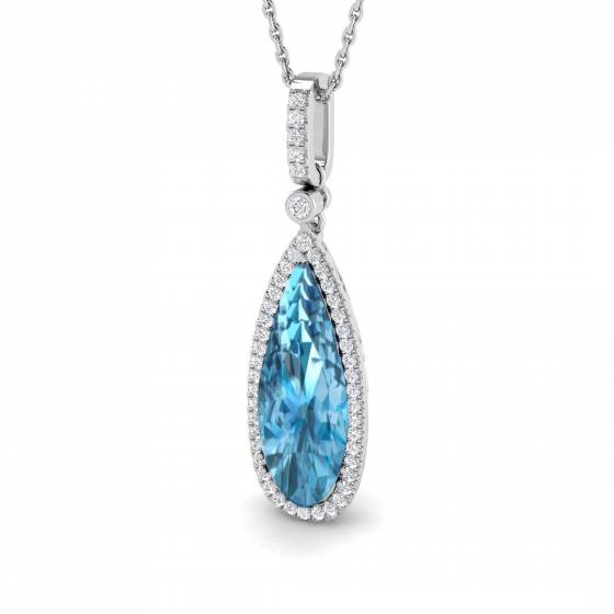 Pear and Round Blue Topaz Halo Drop Pendant