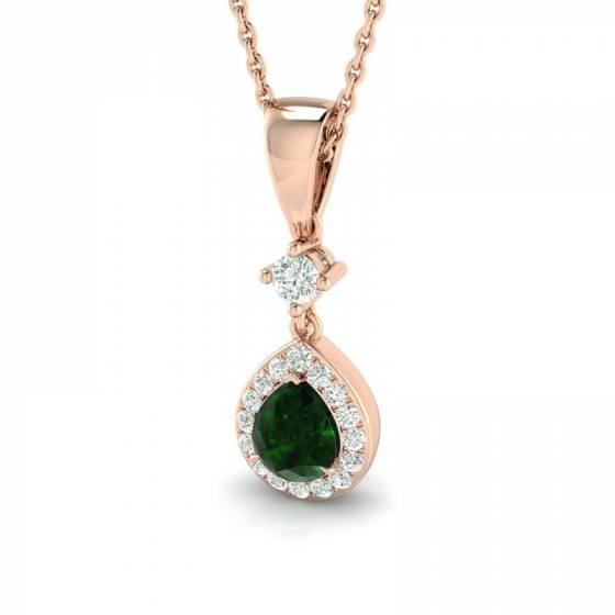 0.45ct VS/E-F Pear Emerald Gemstone and Round Diamond Halo Pendant