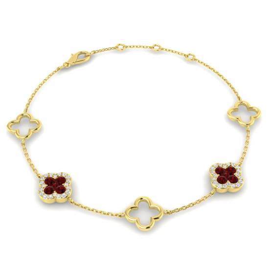 0.85ct SI2/G Round cut Ruby Clover Gemstone Bracelet in 9k Yellow Gold