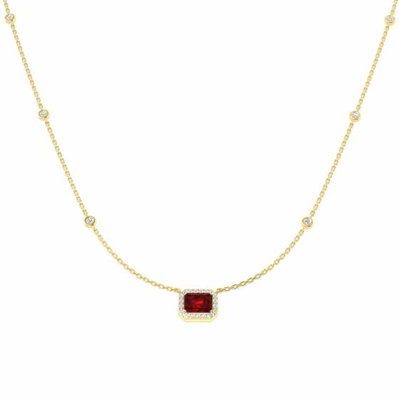1.11ct SI2/G Emerald cut Diamond Ruby Gemstone Necklace in 18k Yellow Gold