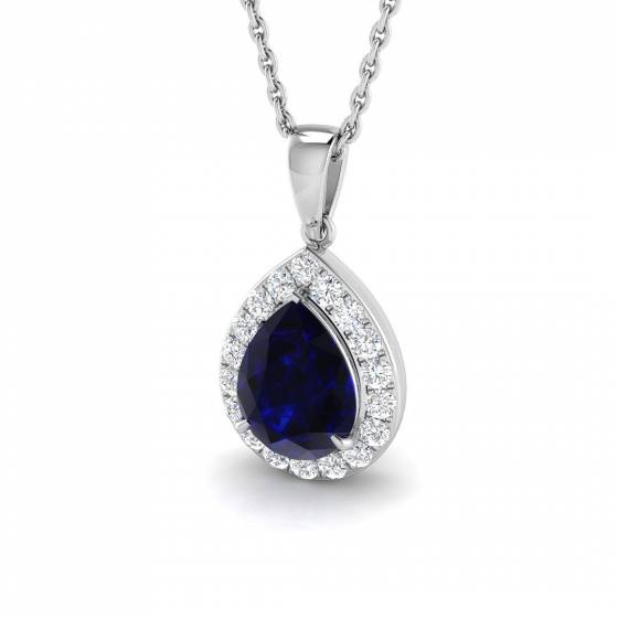 1.92ct SI2/G Pear cut Blue Sapphire Gemstone Pendant in 18k White Gold