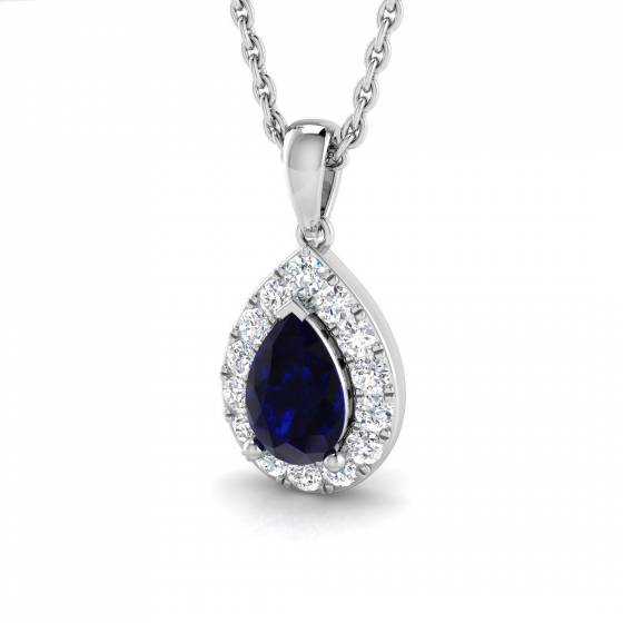 0.80ct SI2/G Pear cut Blue Sapphire Gemstone Pendant in 18k White Gold