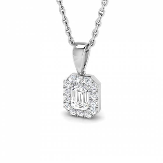 0.25ct SI2/G Emerald cut Diamonds Halo Pendant in 18k White Gold