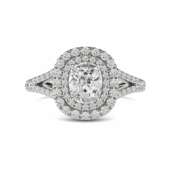 0.66ct VS2/E Cushion Diamond Double Halo Shoulder Set Ring