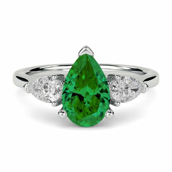 0.80ct SI/F-G Pear cut Diamonds Green Emerald Gemstone Trilogy Ring