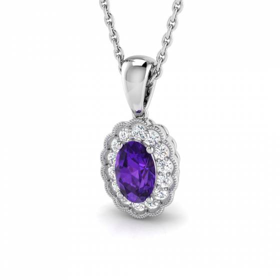 0.56ct VS/E-F Oval cut Amethyst Gemstone Halo Pendant