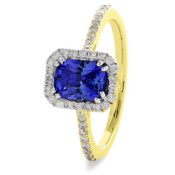 HREGBS1060 Blue Sapphire & Diamond Shoulder Halo Gemstone Ring