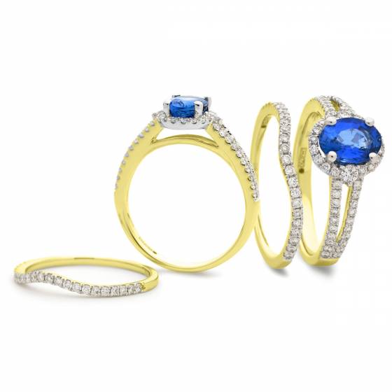 HROGBS1040 Blue Sapphire & Diamond Split Shank Halo Ring