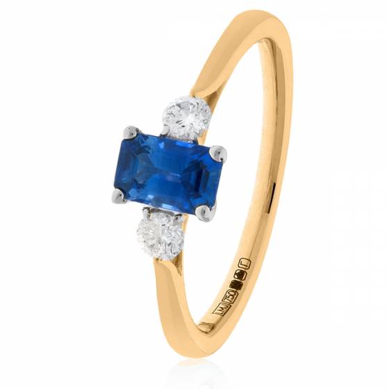 Emerald Cut Blue Sapphire and Diamond Three Stone Ring