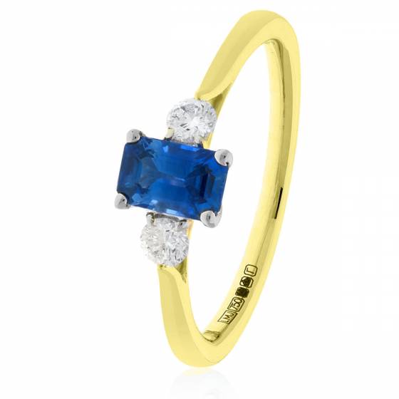 Emerald Cut Blue Sapphire and Diamond Three Stone Ring