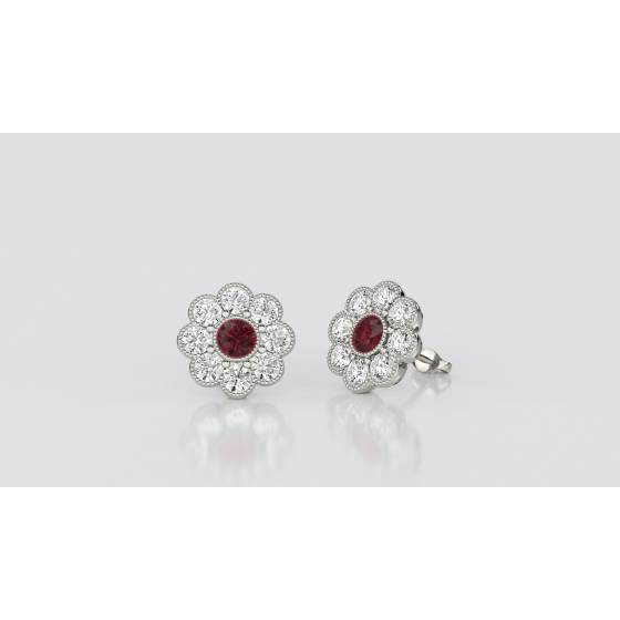 Round Ruby and Diamond Cluster Earrings