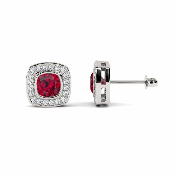 Cushion Ruby and Diamond Cluster Earrings