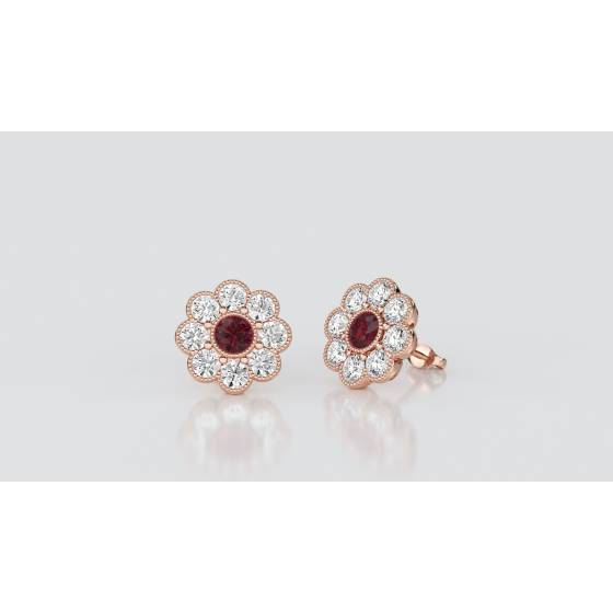 Round Ruby and Diamond Cluster Earrings