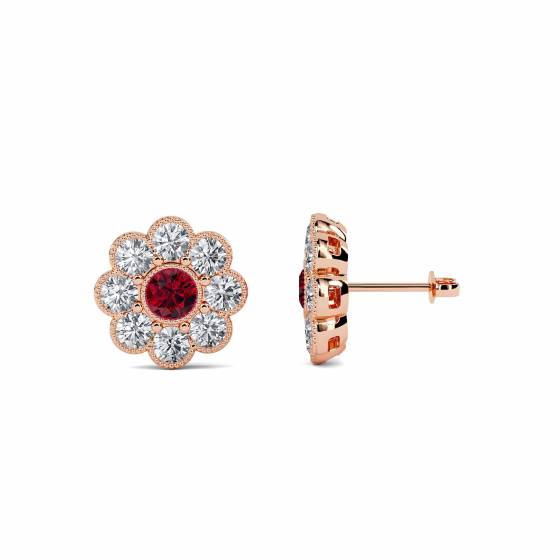 Round Ruby and Diamond Cluster Earrings