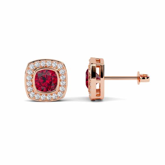 Cushion Ruby and Diamond Cluster Earrings