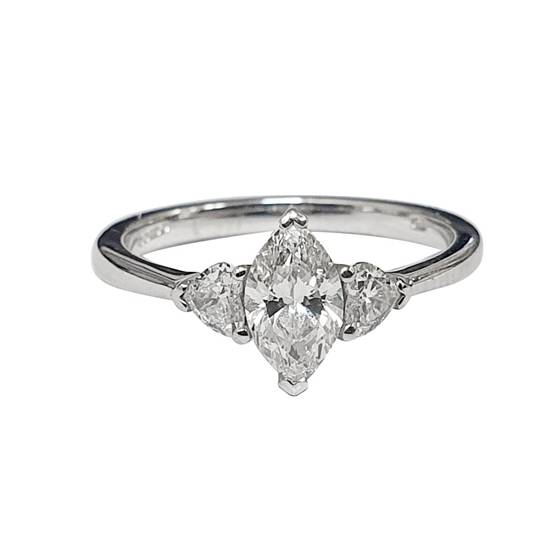 0.89ct VVS2/F Marquise & Heart 3 Stone Diamond Ring