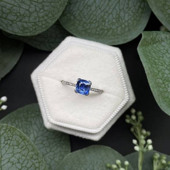 1.85ct VS/EF Blue Sapphire Cushion Diamond Shoulder Set Ring