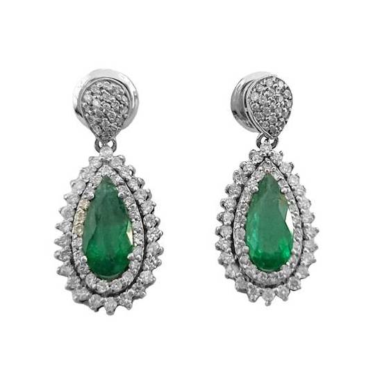 3.13ct VS/FG Pear Cut Emerald Gemstone Double Halo Earrings