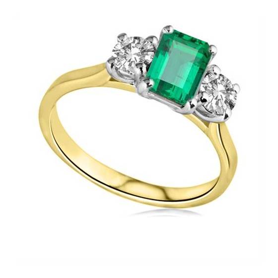 0.60ct VS/E-F Green Emerald and Round Natural Diamond Gemstone Ring