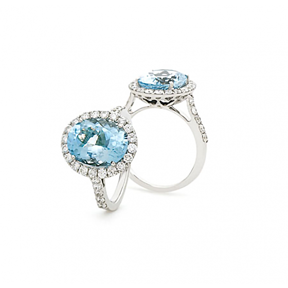 0.65ct VS/F-G Oval Aquamarine and Round Natural Diamond Halo Ring