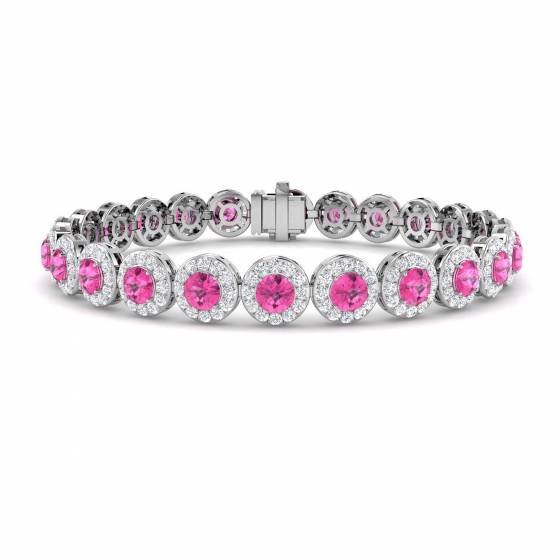 11.48ct SI2/G Round cut Pink Sapphire Gemstone Bracelet in 9k White Gold