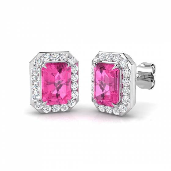 2.32ct SI2/G Emerald cut Pink Sapphire Gemstone Earrings in 18k White Gold