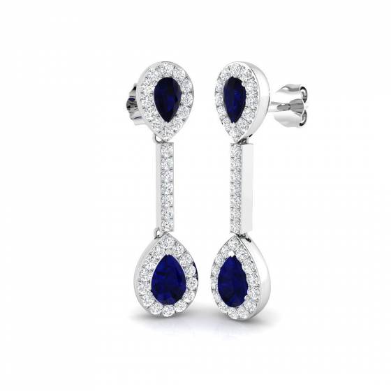 2.20ct SI2/G Pear cut Blue Sapphire Gemstone Earrings in 18k White Gold