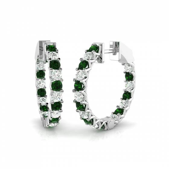 2.09ct SI2/G Round cut Green Emerald Gemstone Hoop Earrings in 18k White Gold
