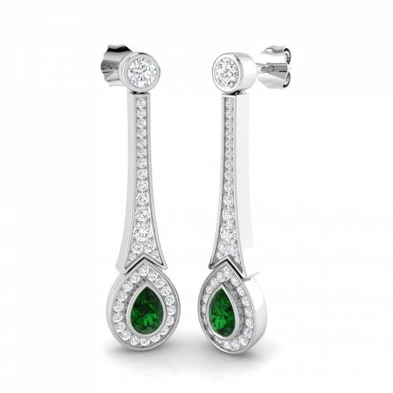 1.47ct SI2/G Pear cut Green Emerald Gemstone Earrings in 18k White Gold