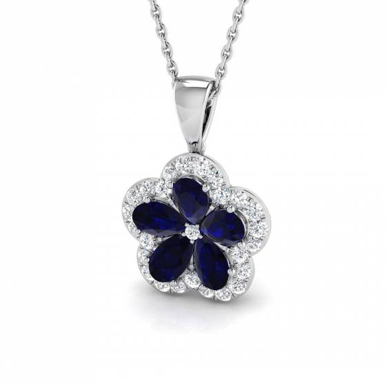 1.49ct SI2/G Pear cut Blue Sapphire Gemstone Pendant in 18k White Gold