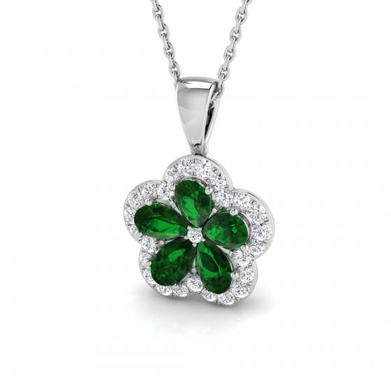 1.35ct SI2/G Pear cut Emerald Gemstone Pendant in 18k White Gold