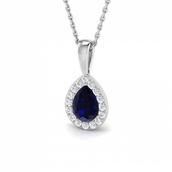 1.14ct SI2/G Pear cut Blue Sapphire Gemstone Pendant in 18k White Gold