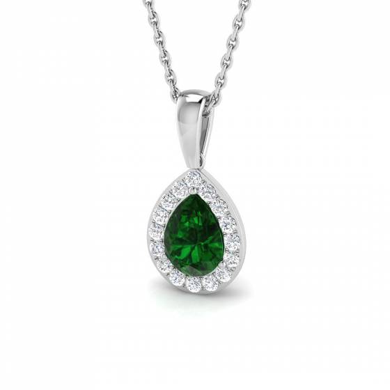 0.85ct SI2/G Pear cut Emerald Gemstone Pendant in 18k White Gold