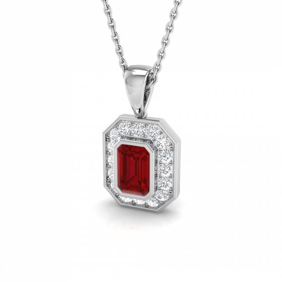 0.91ct SI2/G Emerald cut Ruby Gemstone Pendant in 18k White Gold
