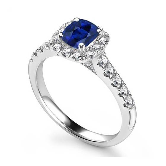 0.75 VVS2/F Cushion Blue Sapphire and Natural Diamond Halo Ring