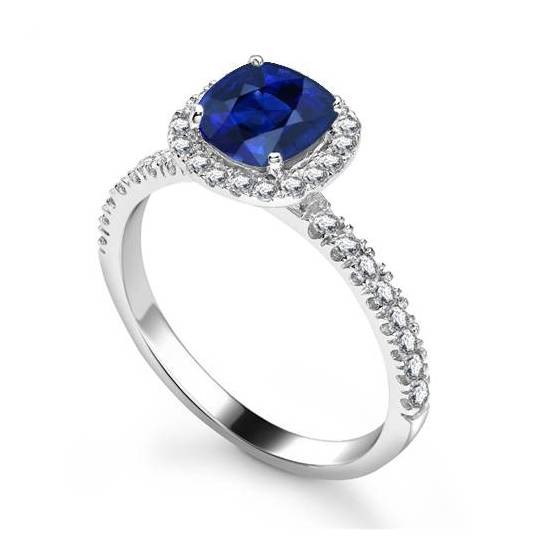 0.75ct VS/E-F Blue Sapphire and Natural Diamond Single Halo Shoulder Set Ring