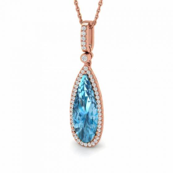 Pear and Round Blue Topaz Halo Drop Pendant