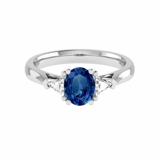 Blue Sapphire Oval and Trillian Diamond Trilogy Ring