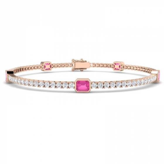 Emerald Cut Pink Sapphire and Round Diamond Set Bracelet