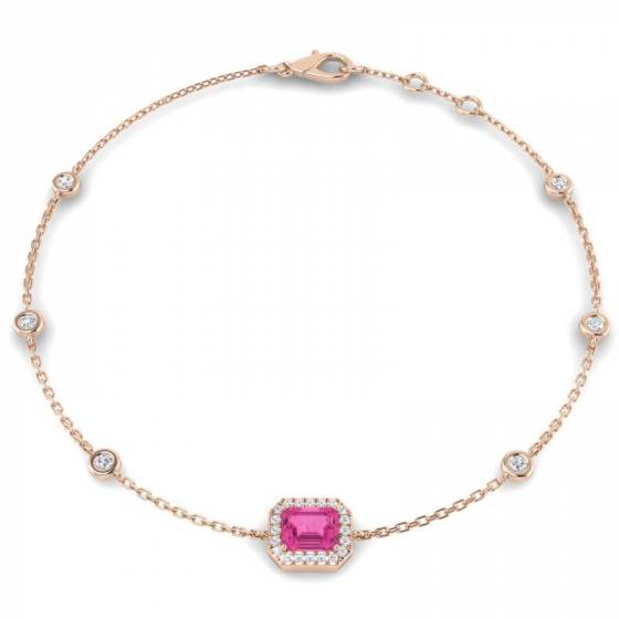 Emerald Cut Pink Sapphire and Round Diamond Set Bracelet