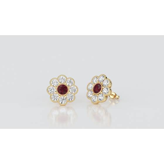 Round Ruby and Diamond Cluster Earrings