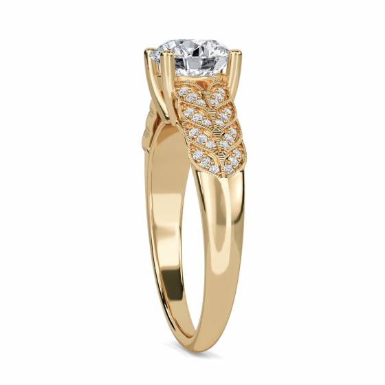 Knife Edge Leaf Motif Round Diamond Vintage Ring