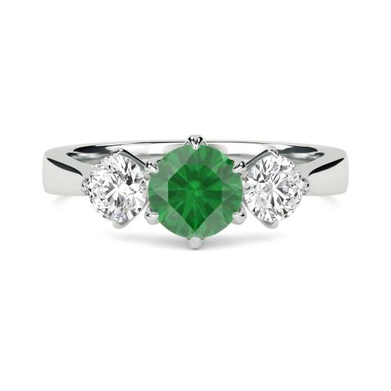 3 Stone Emerald Diamond Ring With Shoulder Diamonds