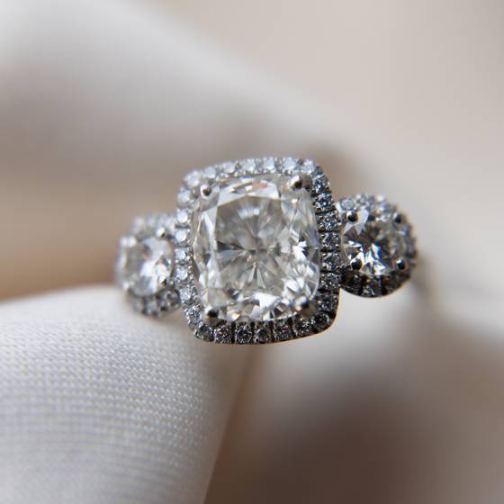 3.25ct VS1/F Cushion Cut Lab Grown Diamond Halo Trilogy Ring