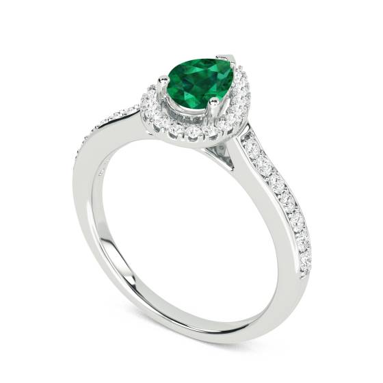 Green Emerald Pear Shaped Diamond Single Halo Shoulder Set Ring