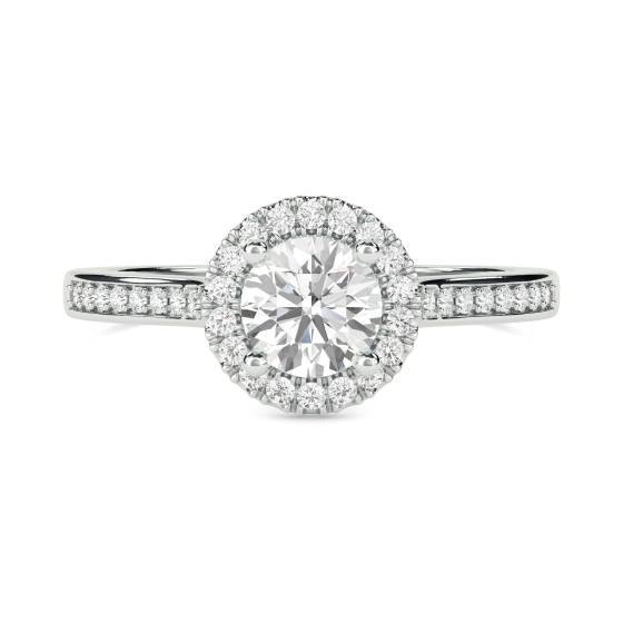 0.97ct VVS2/E Lab Grown Round Diamond Halo Shoulder Set Ring in 18k White Gold