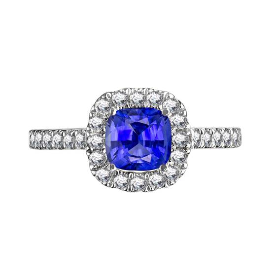 Blue Sapphire and Diamond Single Halo Shoulder Set Ring