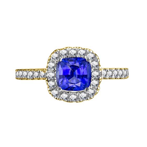 Blue Sapphire and Diamond Single Halo Shoulder Set Ring